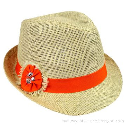 Paper Sheet Natural Girls' Straw Hat with Orange Band and Flower